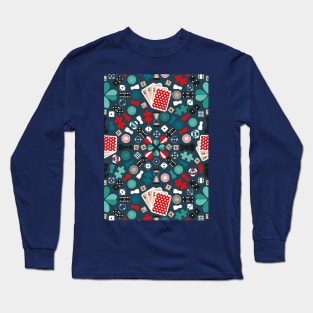 Wanna play? // pattern // blue background teal red mint brown black and white game pieces Long Sleeve T-Shirt